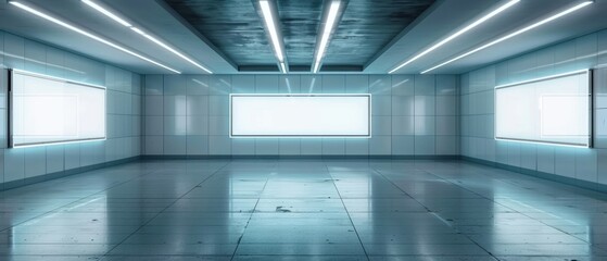 Fototapeta premium Urban underground scene with two blank billboards, dramatic lighting, ready for advertisement or design content