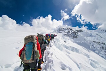 Sherpas Guiding Climbers on a Snowy Ascent of Mount Everest Vital Teamwork and Mountaineering Adventure at High Altitude