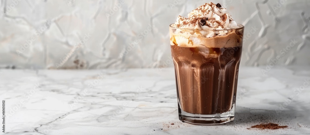 Aufkleber Create an Iced cocoa in a clear glass set on marble with room for your text in the image. with copy space image. Place for adding text or design
