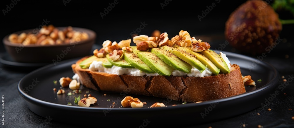 Poster french loaf slices topped with avocado, poached egg, and walnuts on a black lava plate on a wooden t