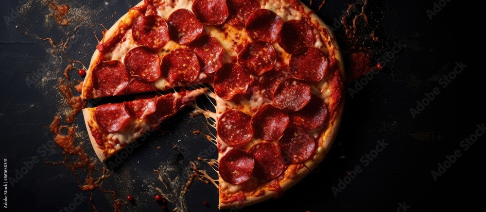 Aufkleber An aerial view of a pepperoni pizza with a missing slice, captured from above on a dark textured surface with a designated area for text in the image. with copy space image