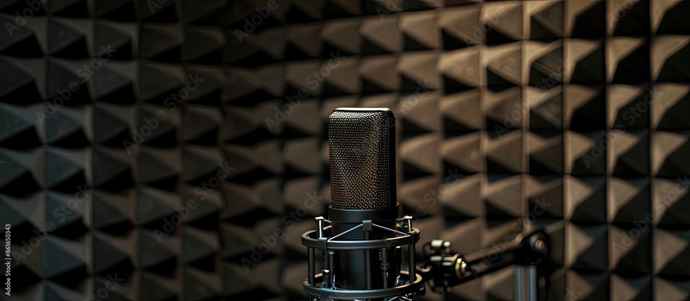Aufkleber In a recording studio setup, a high-quality microphone is positioned against a black soundproof panel backdrop, providing a clean background for a copy space image.