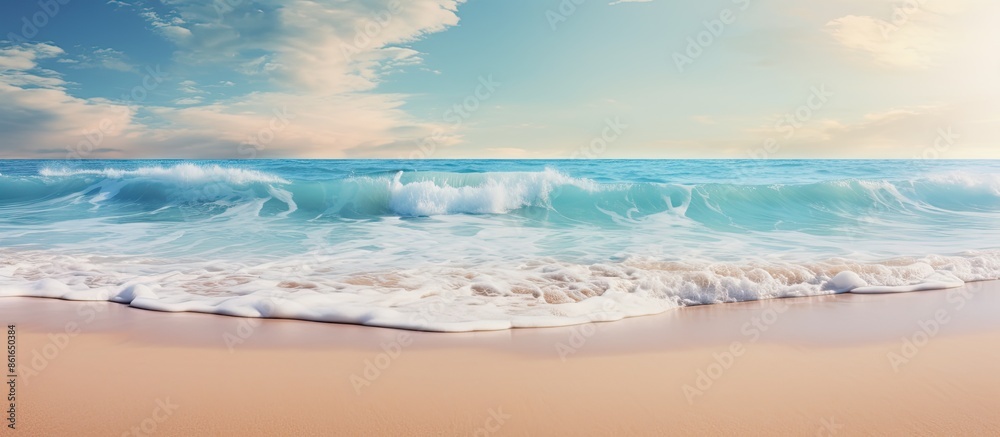 Poster sandy beach in summer with foamy waves, ideal for text in a copy space image.