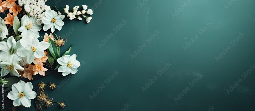 Aufkleber Flat lay composition featuring flowers on a green and grey backdrop with space for text or images. with copy space image. Place for adding text or design