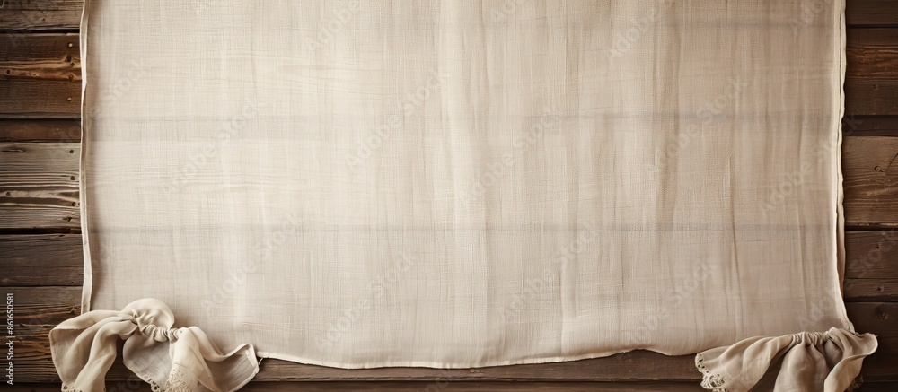 Poster vintage linen fabric frame on wooden backdrop with copy space image