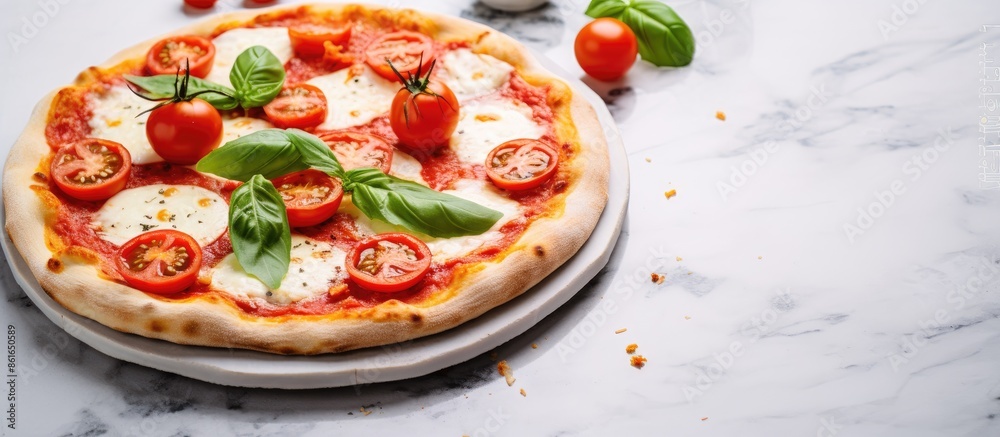 Aufkleber pizza margherita displayed on a white stone background with copy space image.