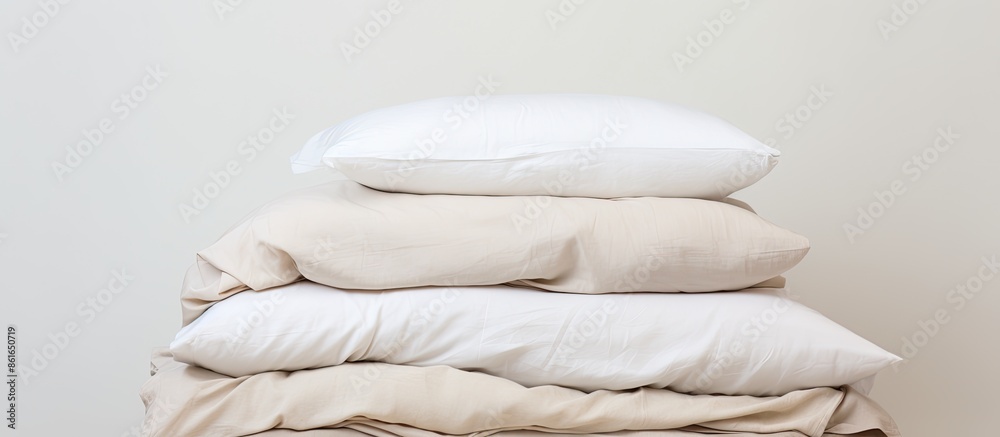 Poster clean bed sheets and pillow stacked neatly against a white backdrop, with available copy space image