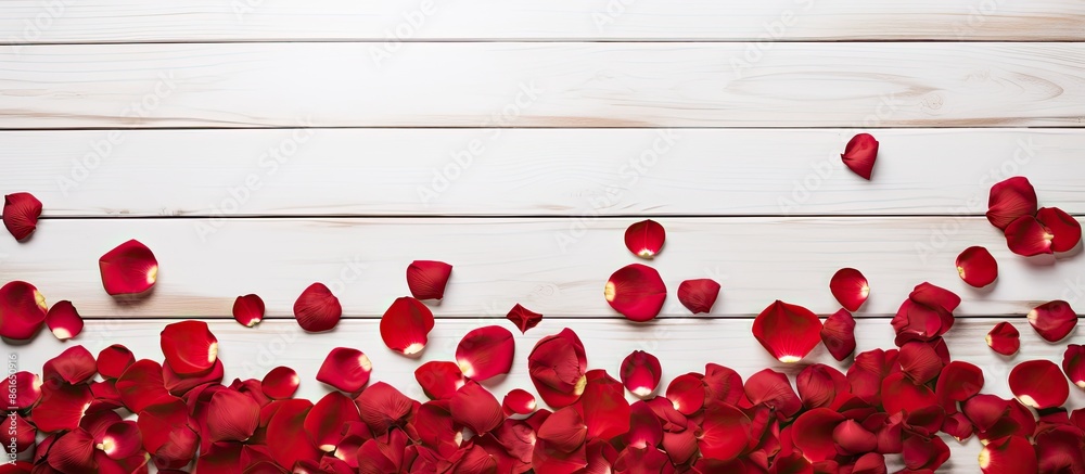 Poster red rose petals arranged in a frame on a white rustic wooden backdrop, perfect for valentine's or mo