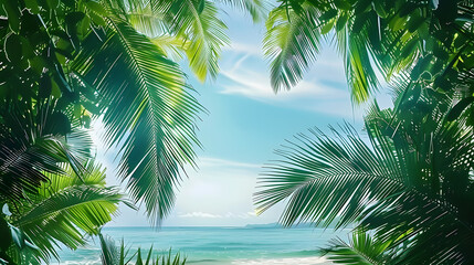 Fototapeta premium Coconut palms frame the ocean view with their lush greenery