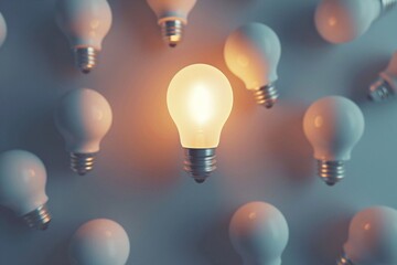 Glowing energy saving light bulb and turned off electric lamps, 3D rendering, energy saving concept