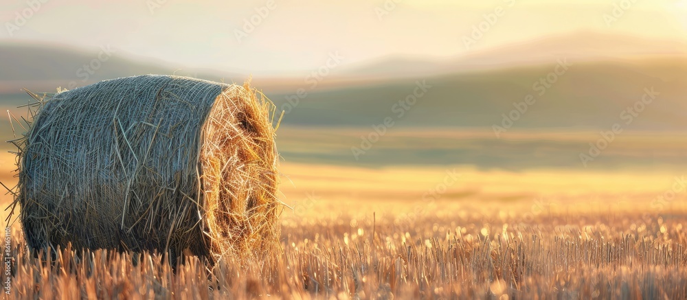 Aufkleber Cylindrical hay bale with selective focus. Background provides a copy space image for adding text or lettering.