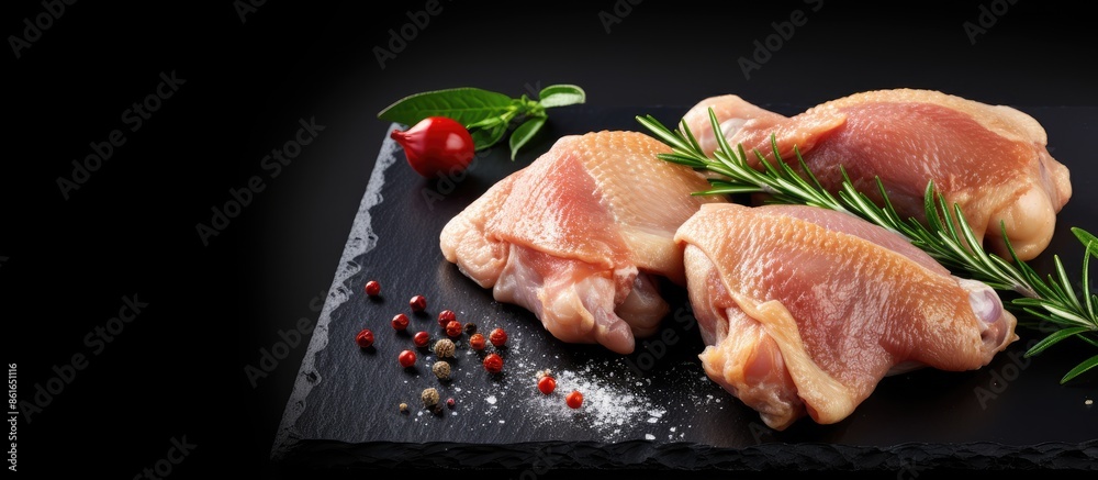Aufkleber raw chicken quarters seasoned on a black slate board with ample copy space image.
