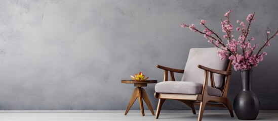 A gray armchair beside a wooden table adorned with flowers in a flat interior with a blank wall for a copy space image. Genuine photograph.