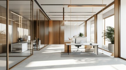 White and wooden CEO office interior, front view, modern elegance, white ceiling, wooden flooring AI generated