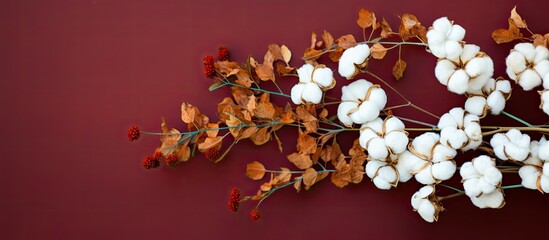 Top view of a flat lay arrangement featuring a white cotton flower branch on a colorful table with a background of autumn flowers and room for text or images. with copy space image