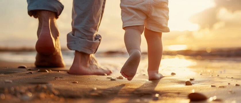 Father and child at the beach, barefoot, close-up view, nature, sunny day, bonding moment