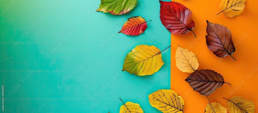 Poster Autumn leaves on a colored background create a composition with plenty of copy space image.