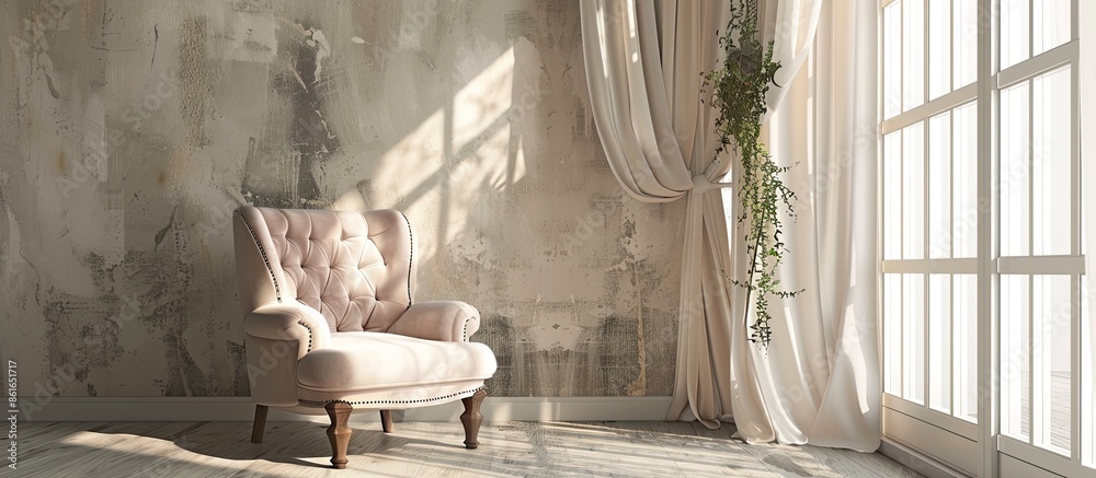 Poster Stylish room interior with comfortable chair and beautiful window curtains. with copy space image. Place for adding text or design