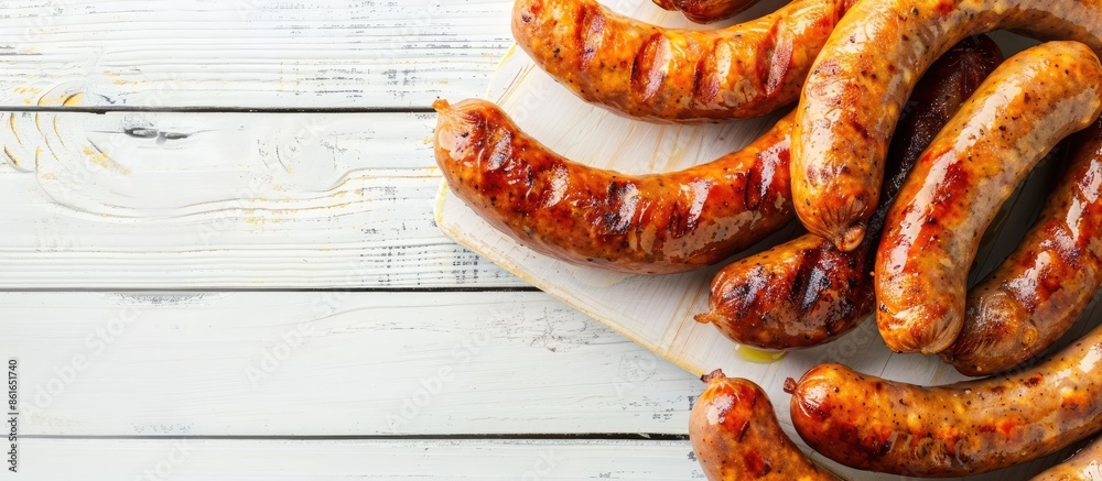 Poster delicious homemade sausages on a white wooden surface seen from above, with room for text in the pic