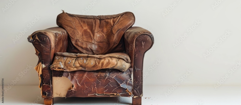 Aufkleber Old sofa leather broken cushion lack and missing defective. old chair. with copy space image. Place for adding text or design