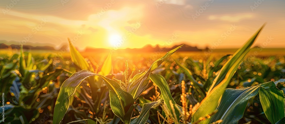 Aufkleber Beautiful morning sunrise over the corn field. Copy space image. Place for adding text or design