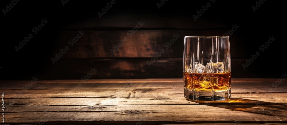 Poster a glass of whiskey is placed on a vintage wooden table, creating a rustic ambiance in the background