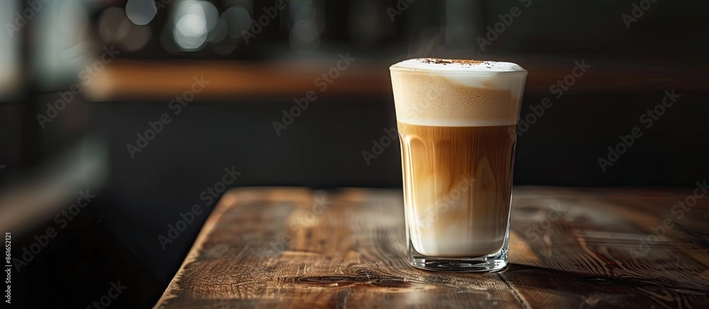 Aufkleber hot latte or cappuccino served with milk on a wooden table, featuring a dark background and ample co