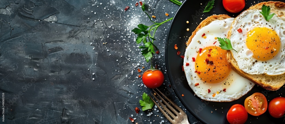 Aufkleber Top view of fried eggs and cherry tomatoes with bread on a dark table, featuring a copy space image and selective focus.