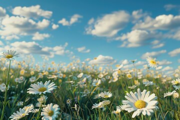 A field of colorful daisies against a bright blue sky © Ева Поликарпова