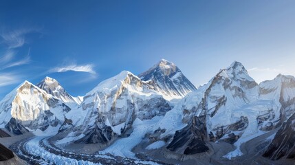 Fototapeta premium Majestic Sunrise Over Snow-Capped Mount Everest, Panoramic View of Glowing Golden Peaks and Clear Blue Sky