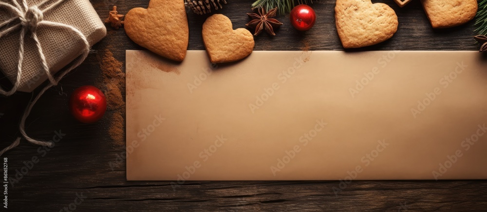 Aufkleber A festive Christmas-themed baking scene featuring a paper with room for text or images. Cookies and a heart made of twigs are displayed beside it. with copy space image