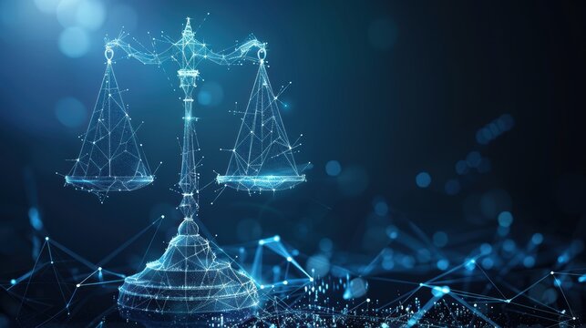 AI-powered justice system, futuristic scales of justice, digital and high-tech, blue tones