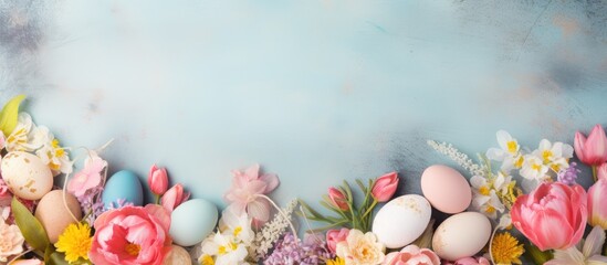 Celebrate Easter with a vibrant flat lay featuring a bouquet of flowers and Easter eggs showcased...
