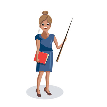  teacher , guide in a blue dress with a folder and a pointer