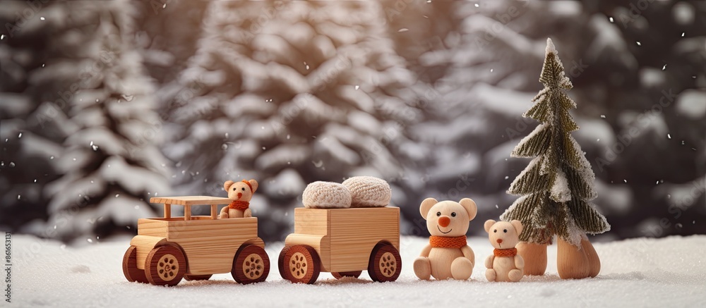 Poster wooden pine toys on a snowy backdrop with copy space image available.