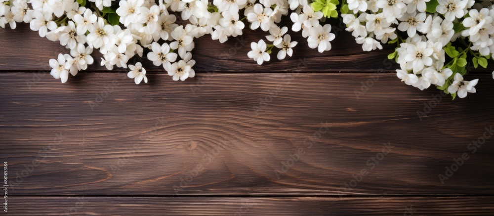 Poster wooden surface with white flowers arranged for use as a background in a copy space image.