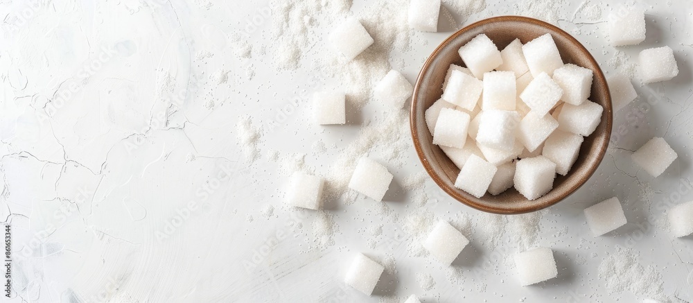 Aufkleber granulated sugar and sugar cubes in a bowl on a white background with copy space image.