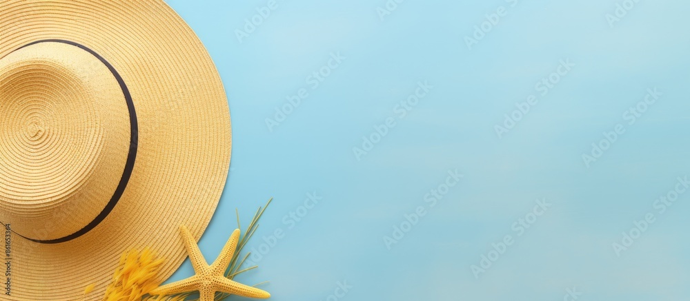 Poster minimal background concept for summer holiday with a flat lay of a straw hat and starfish on a yello