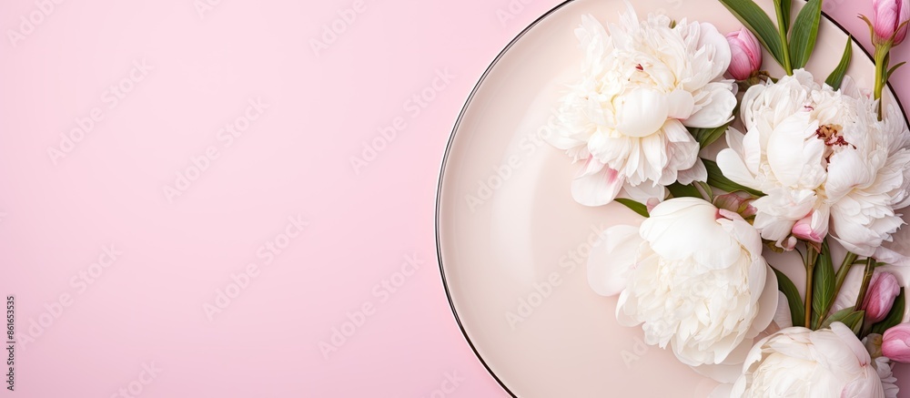 Aufkleber Top view of white peonies and a plate on a pink background in a flatlay composition with copy space image.