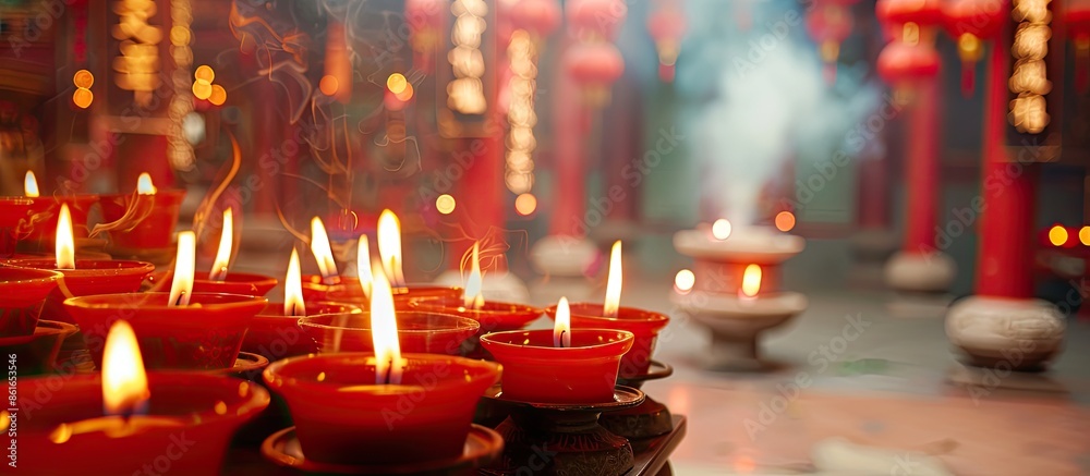 Poster A cluster of vibrant red Chinese candles burning in a temple with available space for text placement in the image. with copy space image. Place for adding text or design