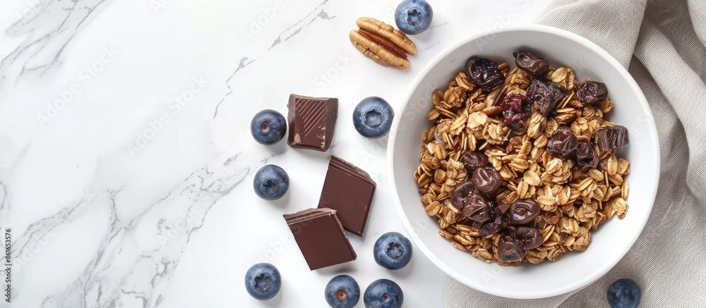 Aufkleber Granola, dark chocolate, nuts, blueberries in a bowl placed on a white marble surface providing a healthy breakfast option. Seen from top with space for text in the image. with copy space image