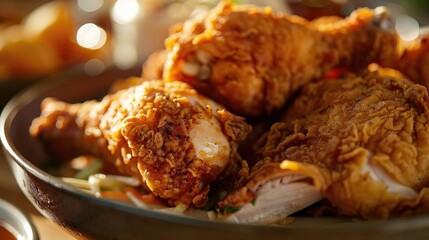 Close-up shot of delicious, crispy fried chicken drumsticks in a bowl, capturing the golden-brown crust and tender meat.