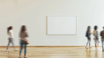Serene Art Gallery Scene with Soft White Plaster Wall and Passing People in Motion Blur, Modern Minimalist Aesthetic