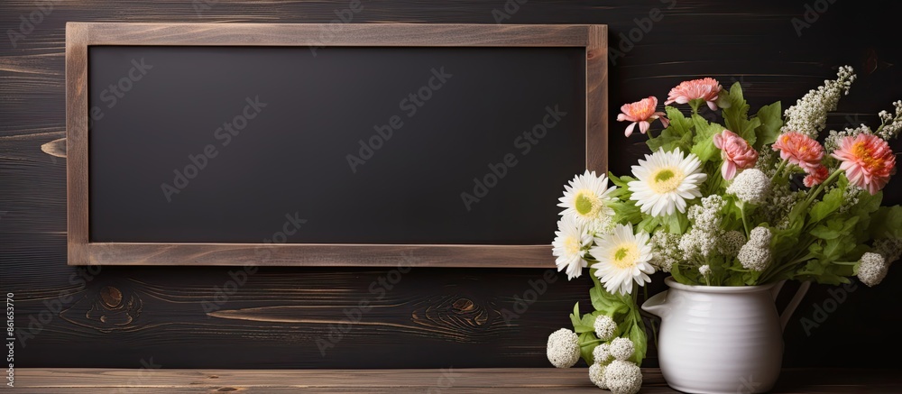 Poster Wooden background with home decorations and a flower bouquet next to an empty chalkboard mockup for a text message with copy space image.