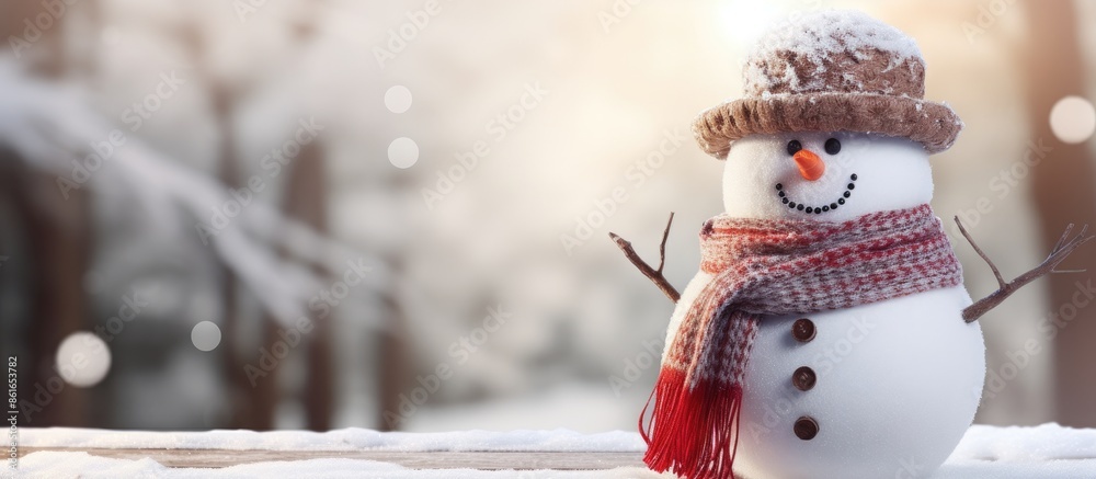 Poster Snowman wearing a hat and scarf in front of a blurred background with shallow depth of field, creating a copy space image.