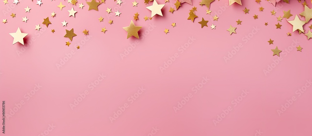 Poster A pink background decorated with numerous lovely golden stars in a flat lay arrangement, leaving space for adding text or other elements within the image. with copy space image