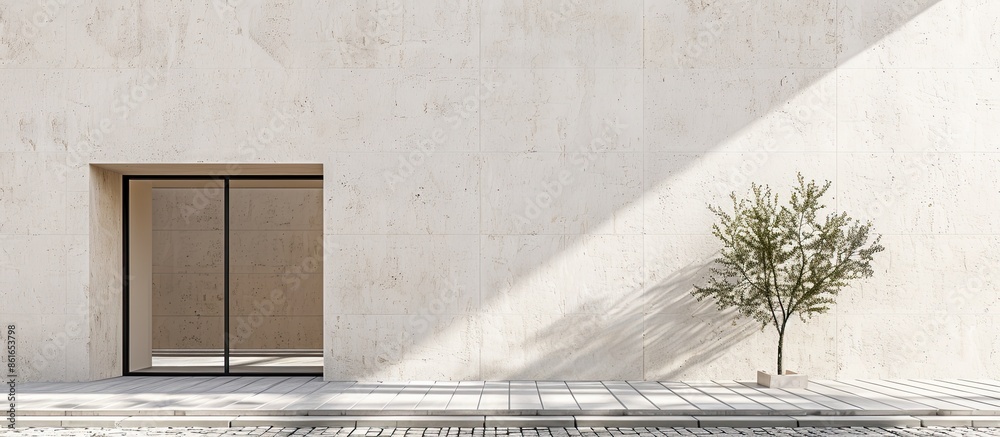 Poster Facade of modern building with beige plaster wall, stone abstract pattern and paving slabs floor texture exterior background. with copy space image. Place for adding text or design