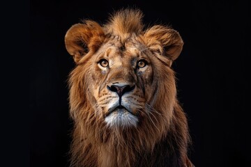 Obraz premium A close-up shot of a lion's face against a dark background, suitable for use in wildlife or nature-related themes