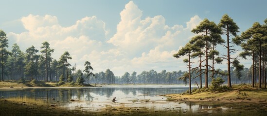 Obraz premium Ancient pines stand by a lake in a marshy area, providing a picturesque landscape with potential for a copy space image.