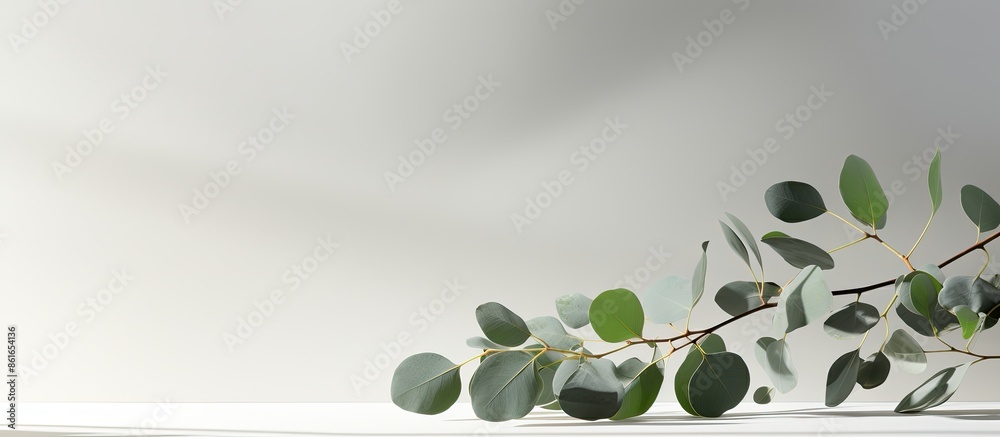 Poster front view of a green eucalyptus branch casting shadows on a light grey background, providing a mini